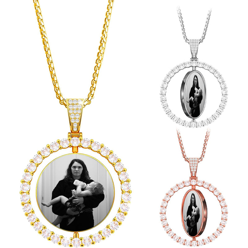 Personalized Rotating Photo Necklace | Rhinestone Square Pendant