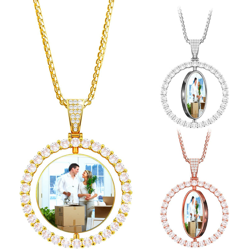 Personalized Hip Hop Memory Photo Necklace Pendant Custom Engraved Text for Men Women Copper Iced Out Angel Wing Round & Heart Charm Medal Rope Chain Jewelry Gift