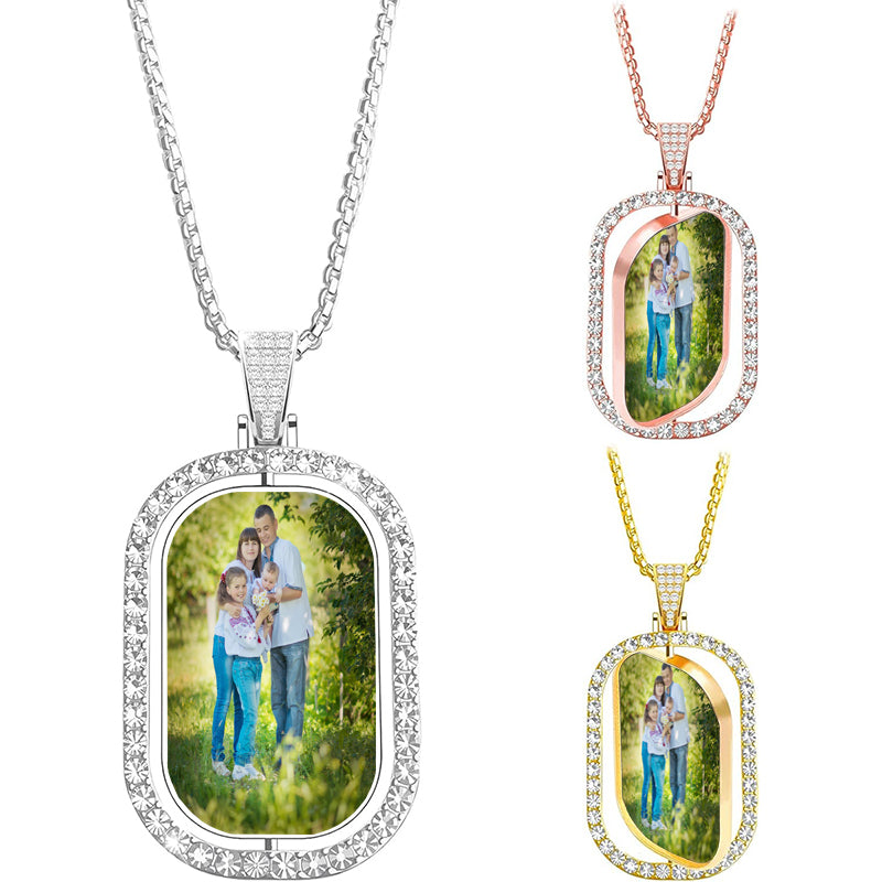 Personalized Diamond Studded Double Photo Necklace, Custom Photo Necklace, Hip Hop Photo Pendant, Custom Memorial Keepsake Necklace For Men
