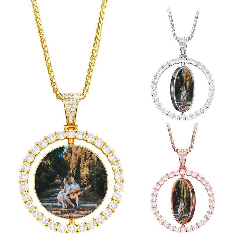 Custom Couples Necklace with Picture - Personalized Couple Photo Necklace Double-sided Engraved Text Stainless Steel Customized Valentines Gifts for Loved One