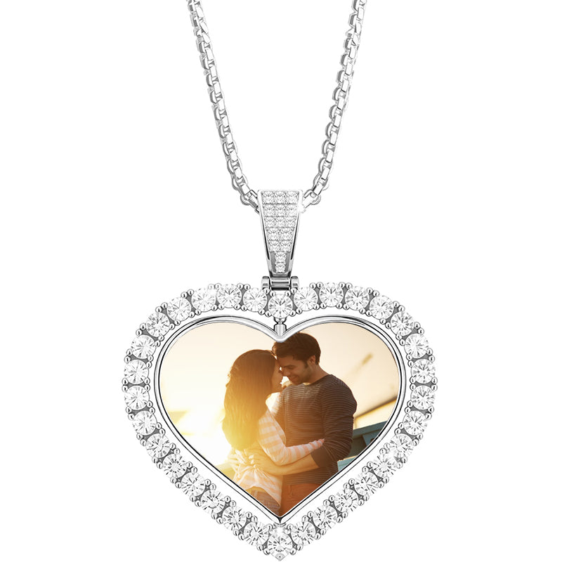 Custom Picture Necklace Personalized Broken Heart Pendant Necklace with Picture Hip Hop CZ Fully Iced Out Bling CZ Diamond 24K White Plated Picture Pendant with 24" Stainless Rope Chain