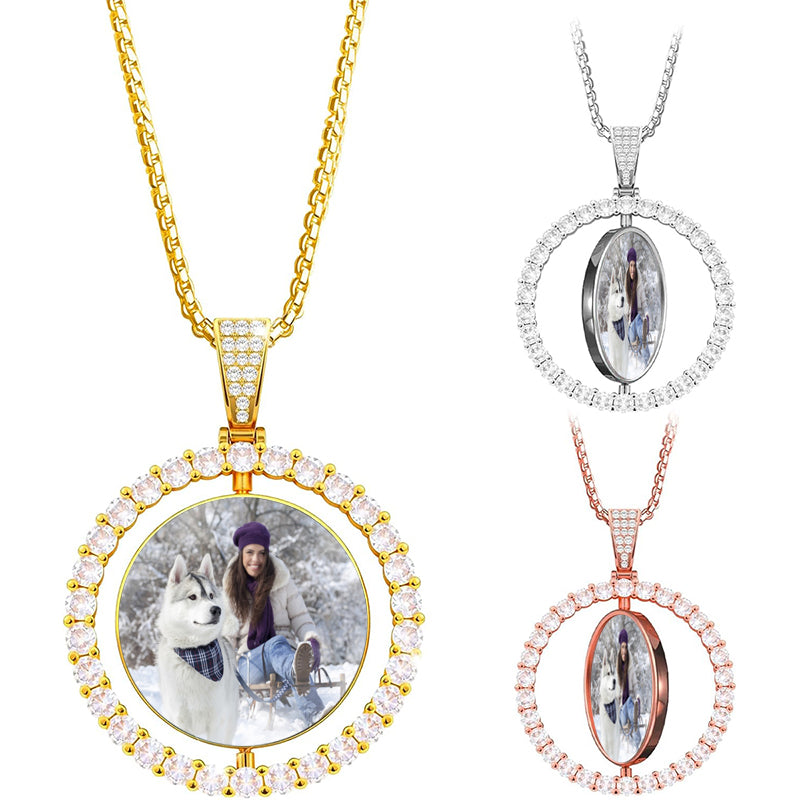 Personalized Large Oversize Photo Necklace Pendant Custom Big Circle Chain with Picture Necklace for Men Women Iced Out Chain Customized Memorial Necklace with Picture Hip Hop Jewelry Gift