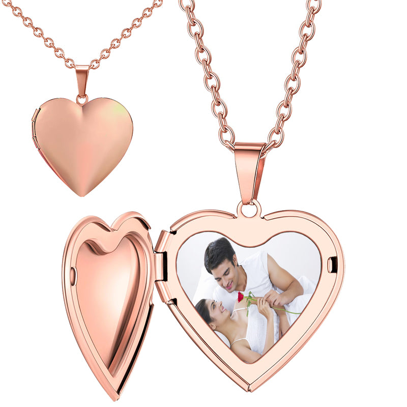 Locket Necklace for Women, Silver//Rose Custom Photo Text Necklaces, Flower Heart/Round Shape Personalized Picture Pendant Necklace 18 Inch